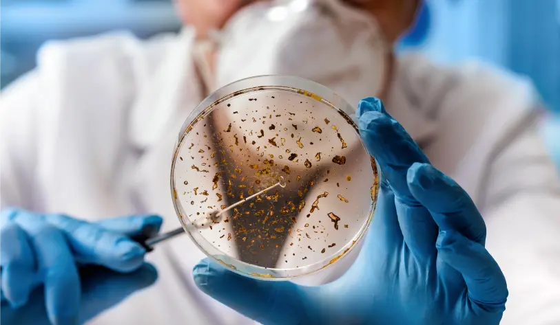 A gloved technician holding a petri dish, used here as a stock illustration.